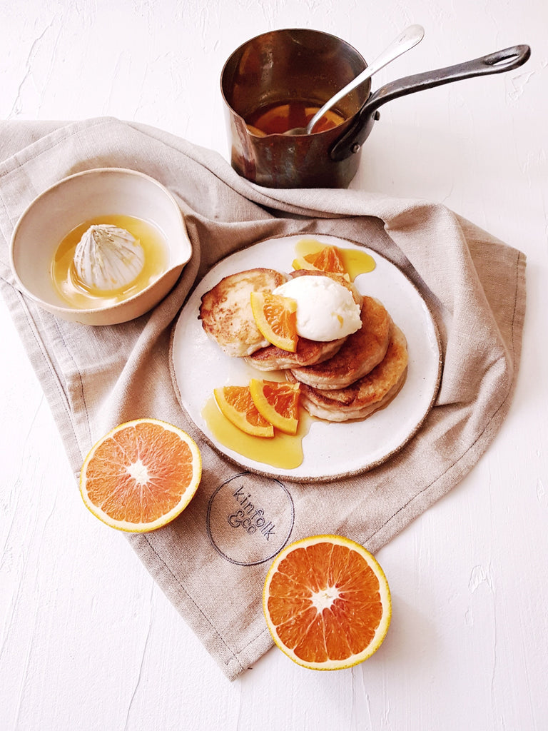 Kombucha Pikelets with Coconut Labneh and Citrus & Orange Blossom Syrup